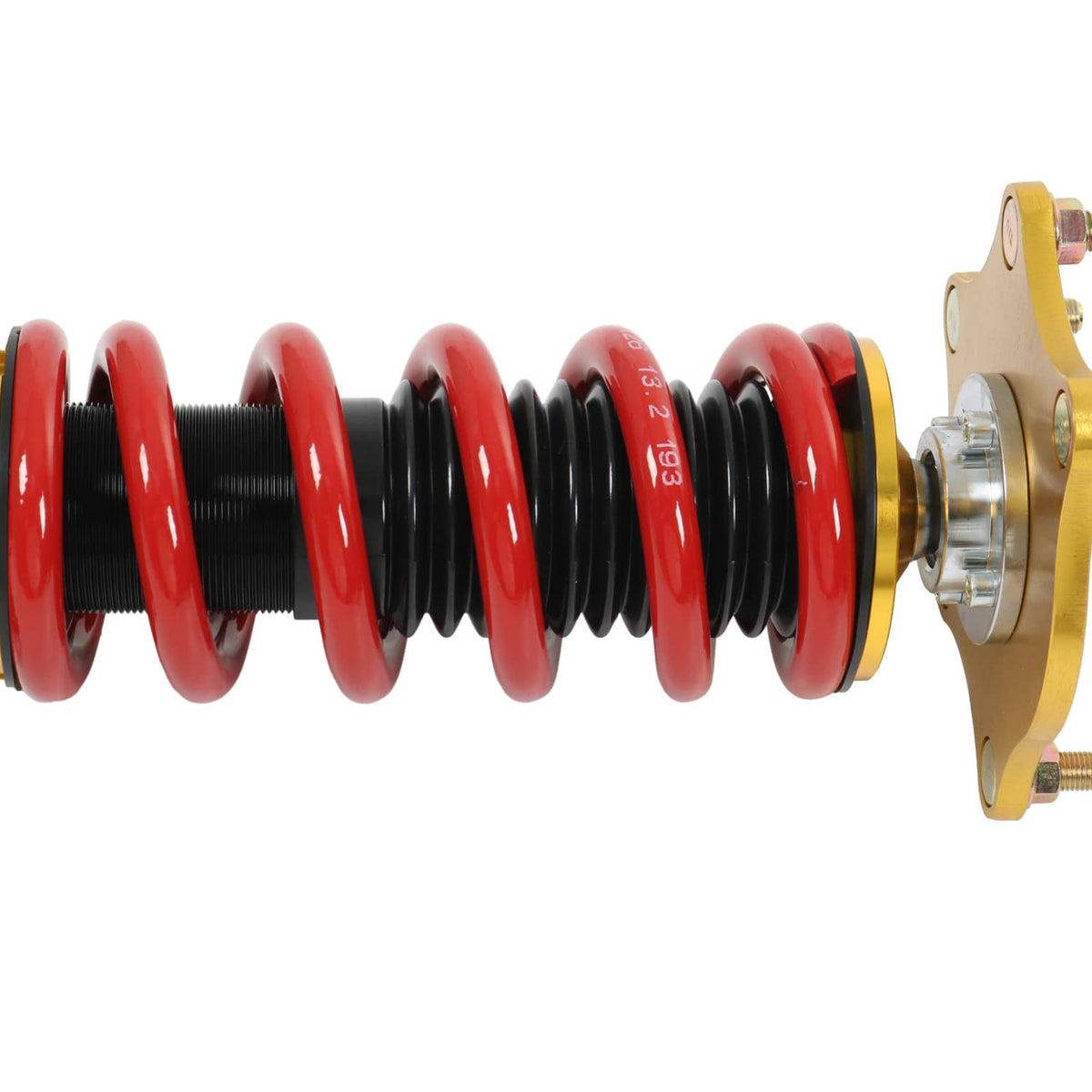 Coil spring shock absorber with red spring coils and gold mounting bracket
