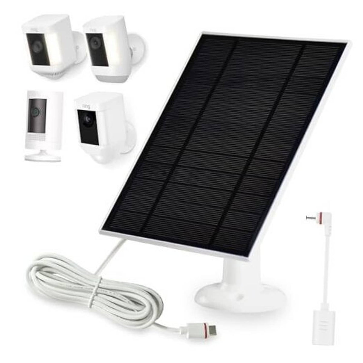 Solar panel charger with white stand and cable, featuring a black solar panel