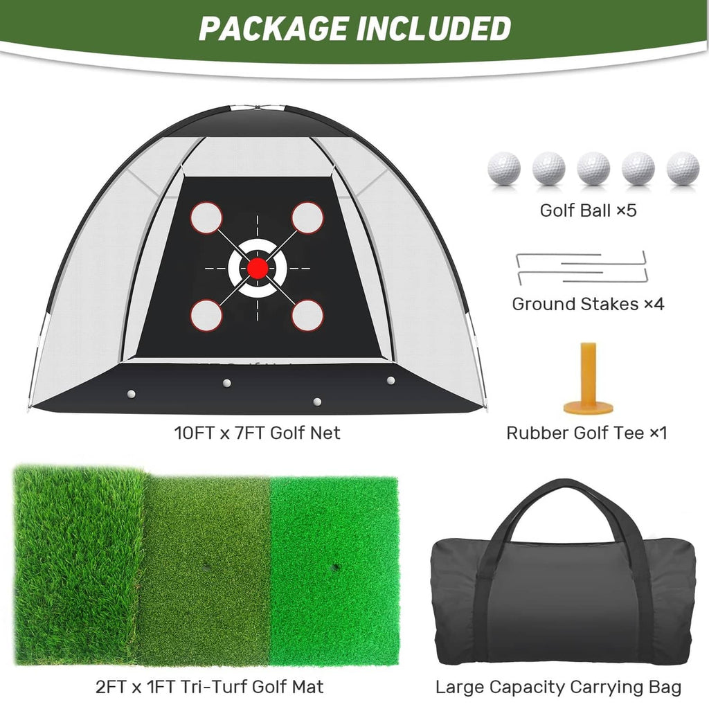 Golf practice net package: target dome, golf balls, stakes, tee, mat, carry bag