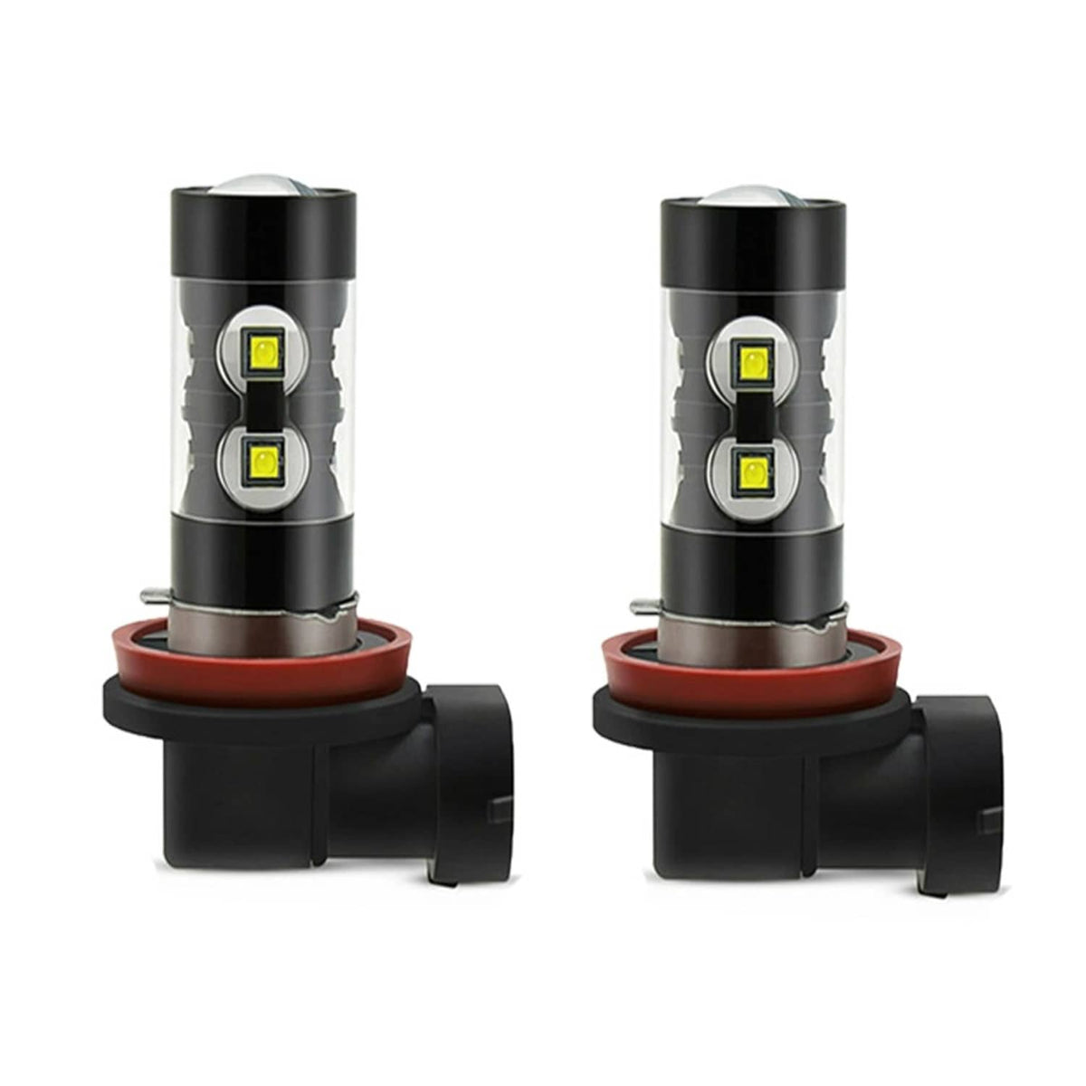 LED fog light bulbs with black cylinders and yellow LED chips, shown in pairs