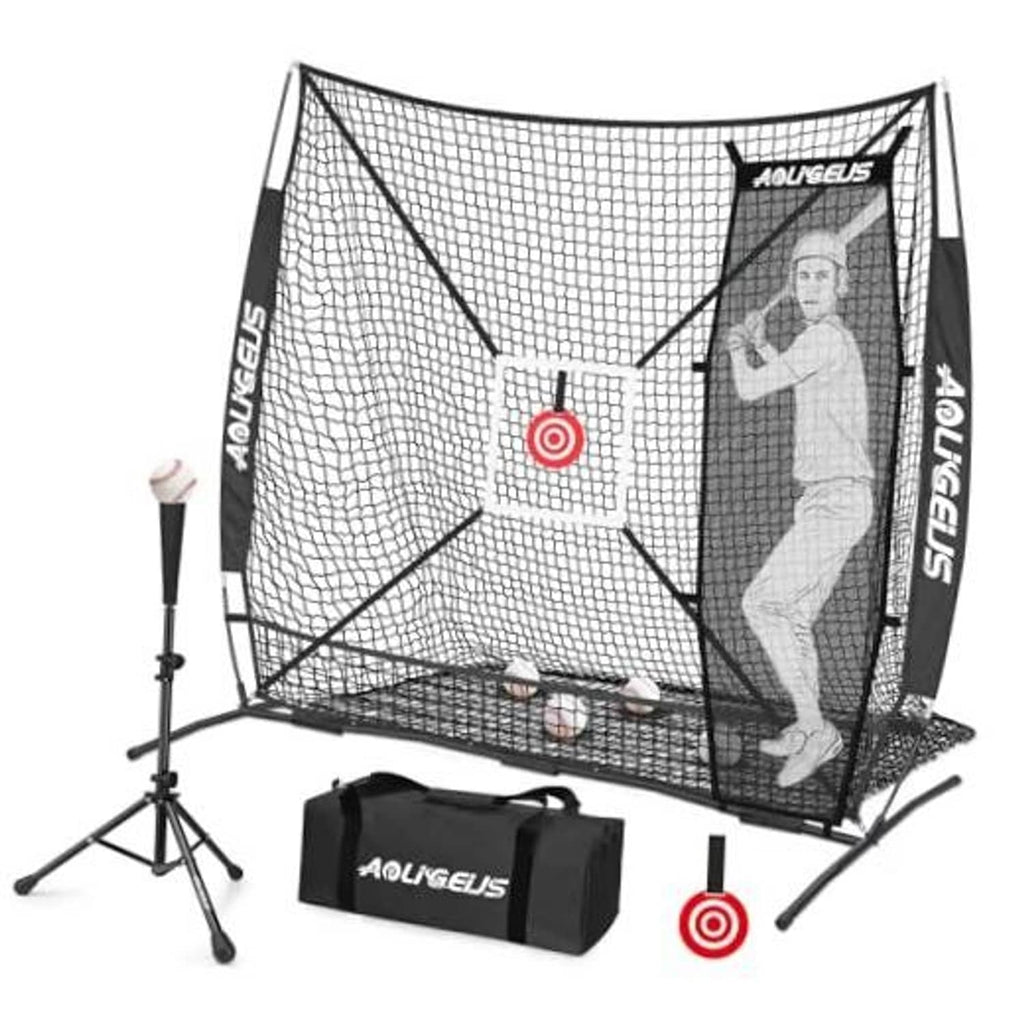 Baseball practice net with black frame, white mesh, center target, and carrying bag