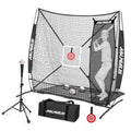 Baseball practice net with black frame, white mesh, center target, and carrying bag