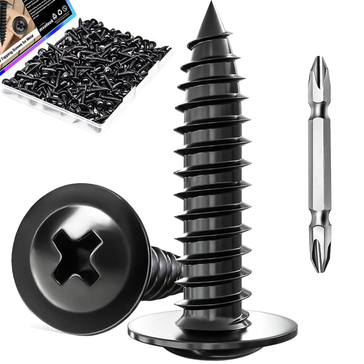 Black cross-drive #8 wood screws with countersunk heads, assorted set