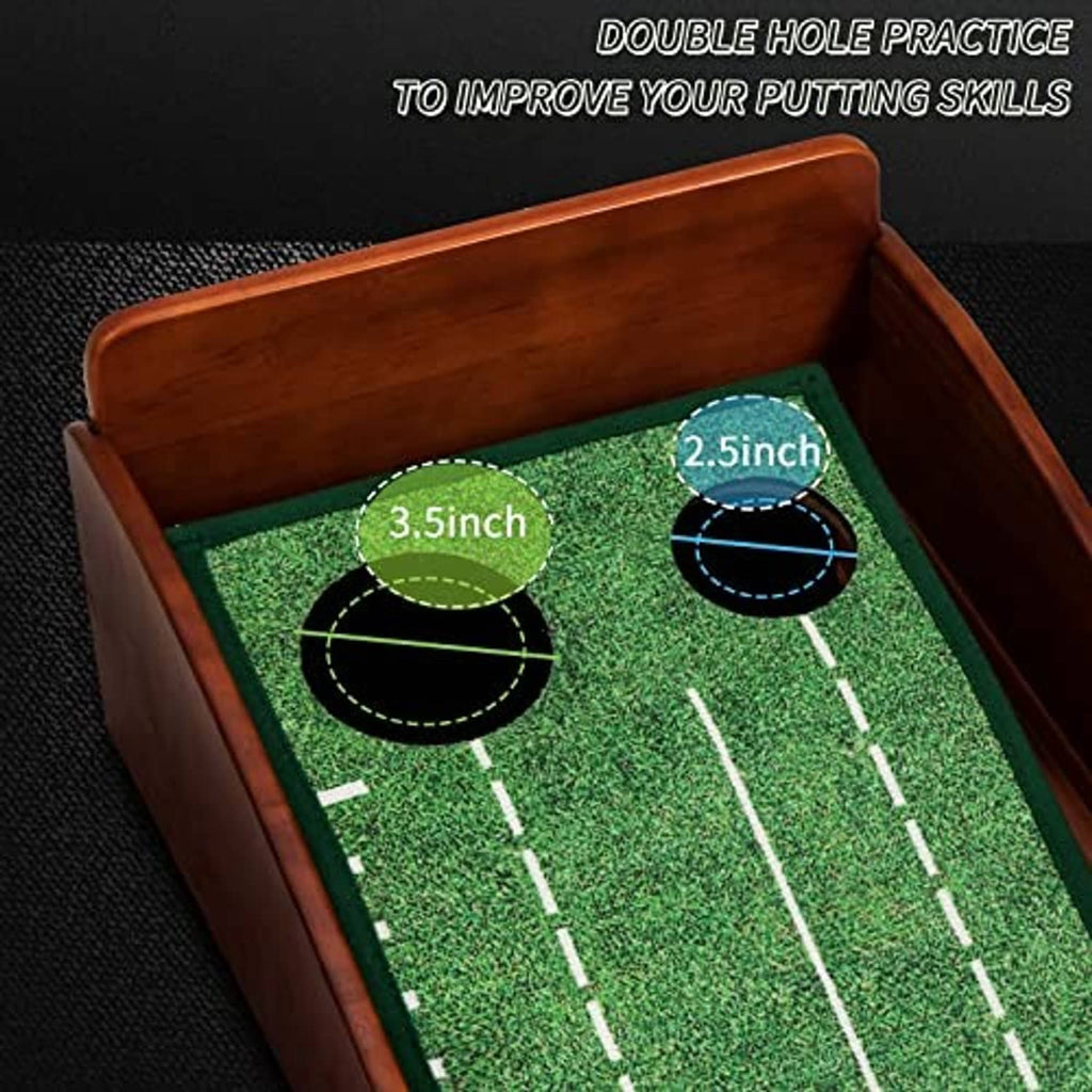 Double-hole indoor putting mat with green turf surface and raised wooden ramp frame