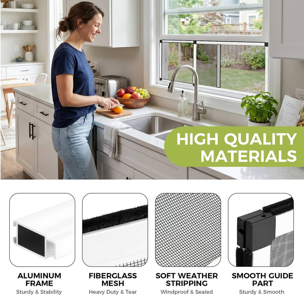 Adjustable window screen with white frame, visible fiberglass-style mesh and soft weatherstrips