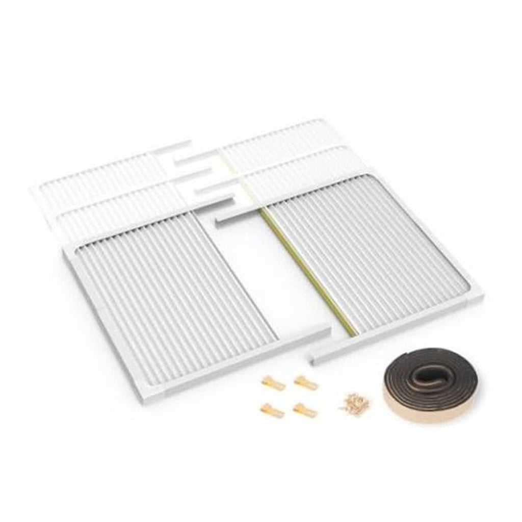 White window AC side panels with adjustable frame and sealing strip, plus screws and trim
