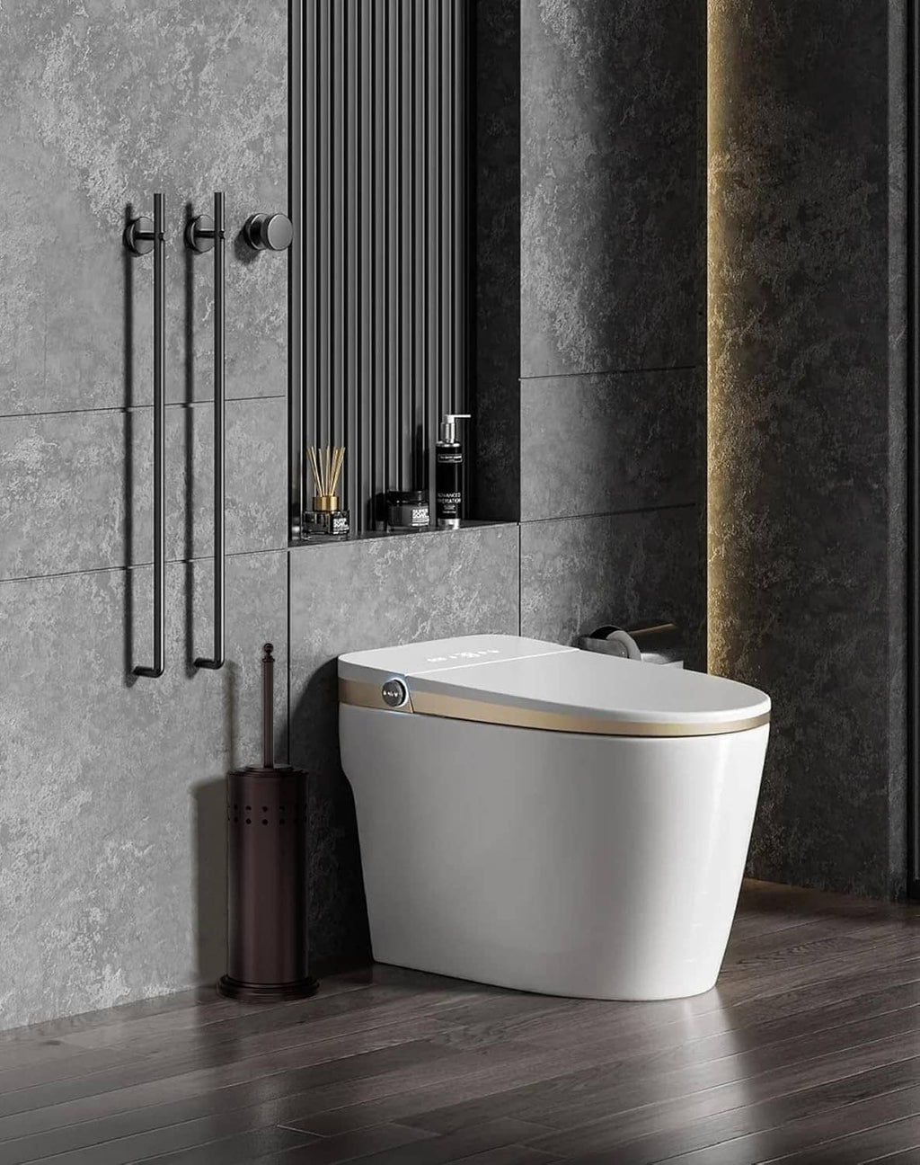 Toilet plunger set with dark bronze holder and plunger beside white toilet