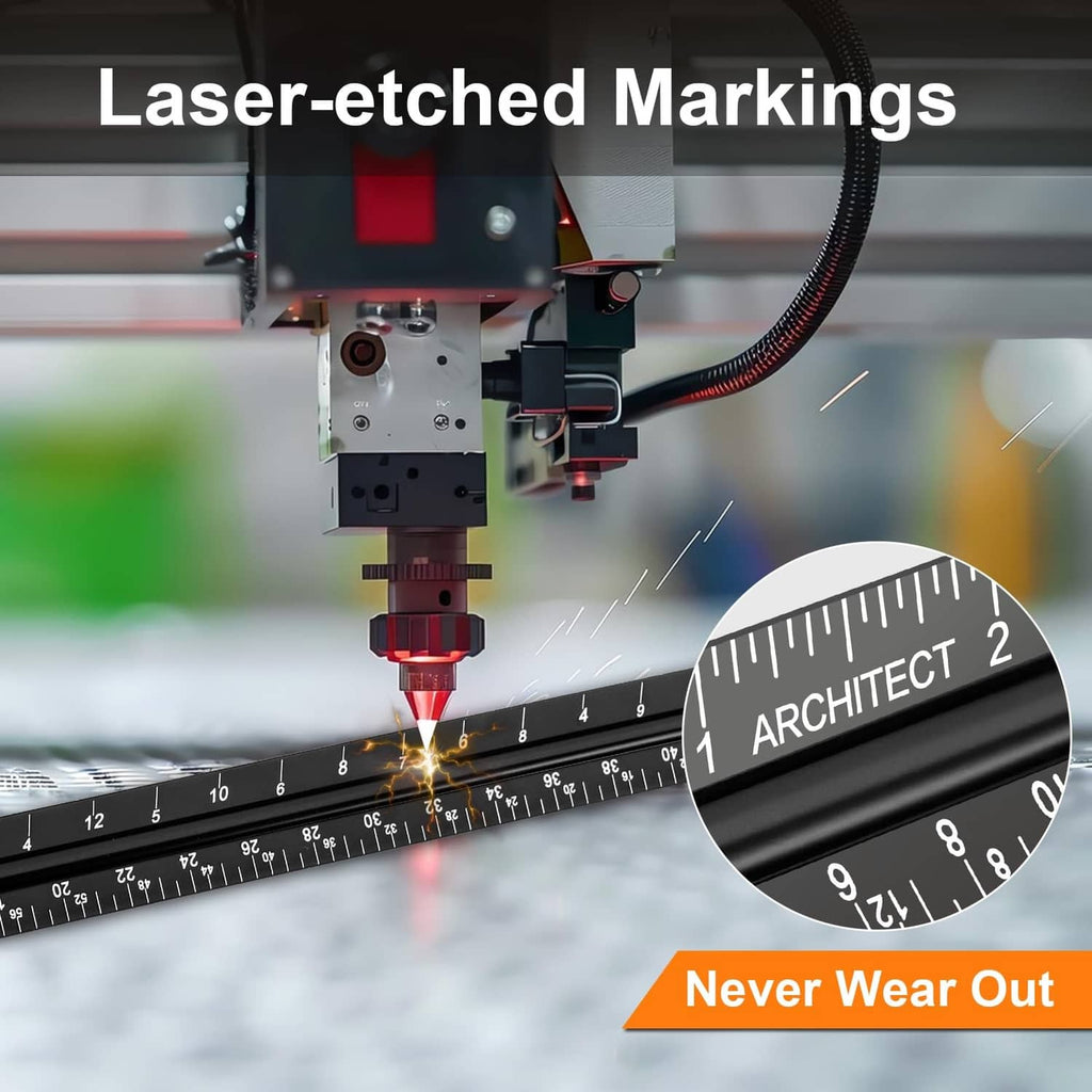 Laser-etched architectural scale ruler with sharp inch markings and ARCHITECT text
