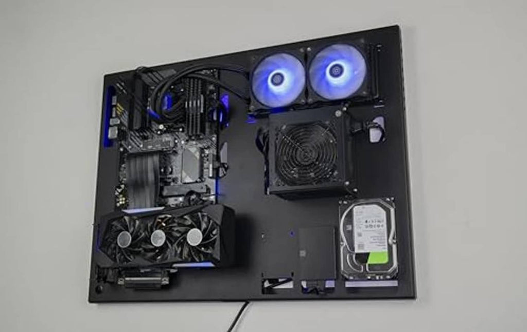 Wall-mounted gaming PC case, black interior with dual blue-ring fans and hard drive