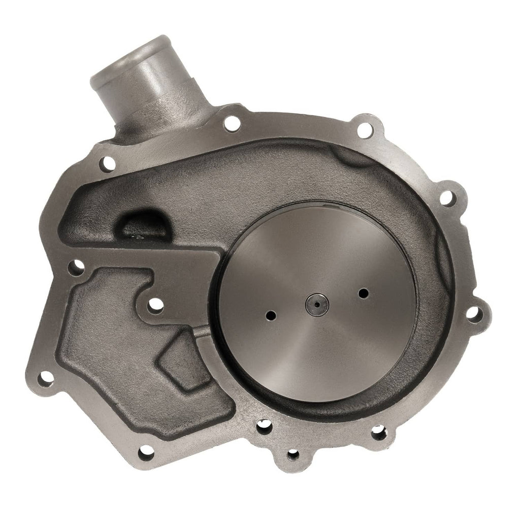 Steel water pump cover plate with circular opening and bolt holes, metallic gray.
