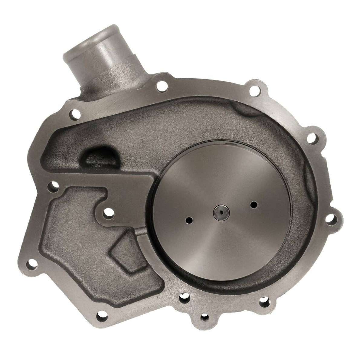 Steel water pump cover plate with circular opening and bolt holes, metallic gray.