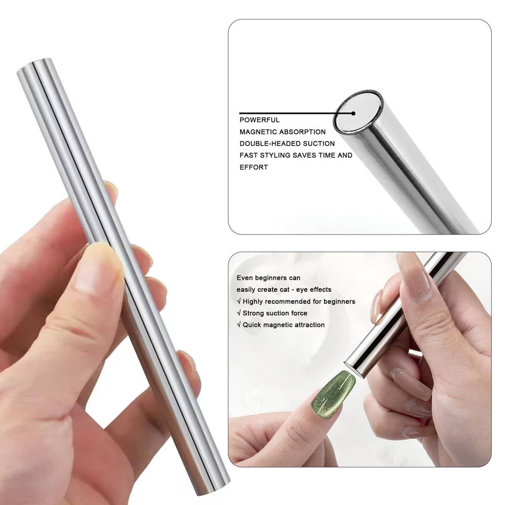 Cylindrical cat-eye nail magnet held in hand for magnetic nail shaping