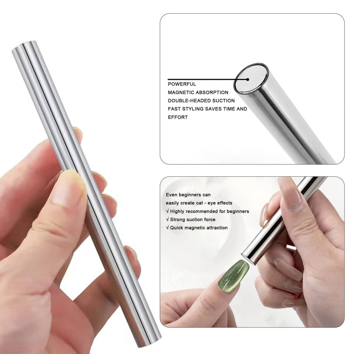 Cylindrical cat-eye nail magnet held in hand for magnetic nail shaping