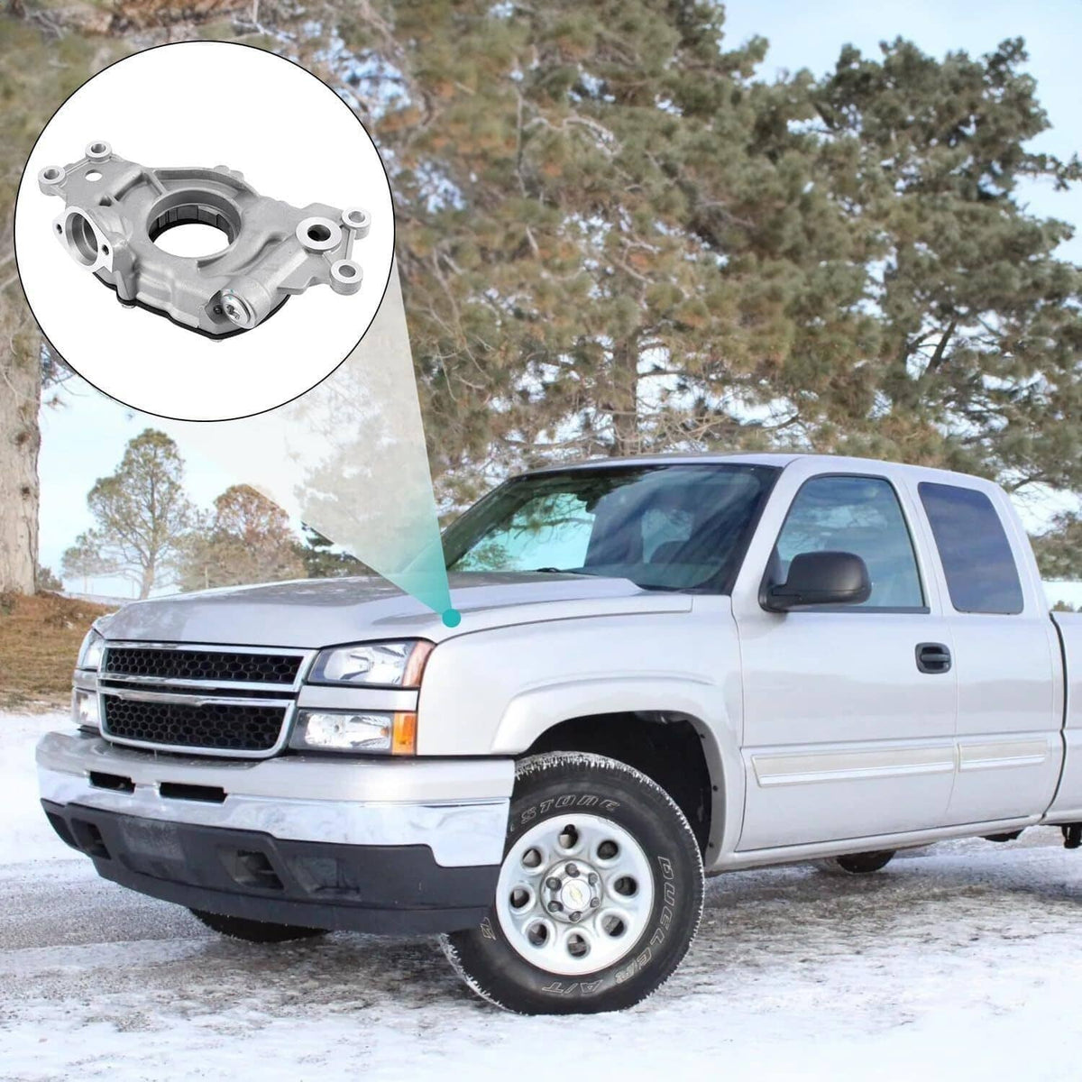 High volume oil pump in a white pickup truck application photo with inset product