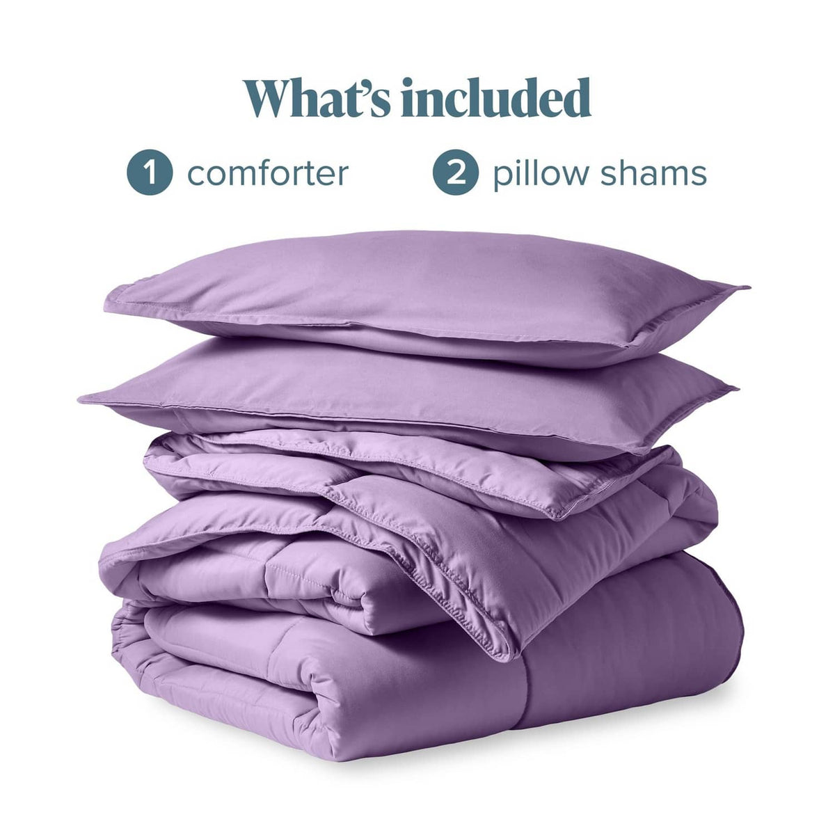 Lavender comforter and two pillow shams, folded set in a stack