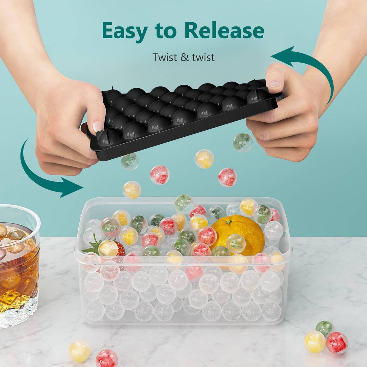 Black ice cube tray held by hands over clear bin with loose ice cubes