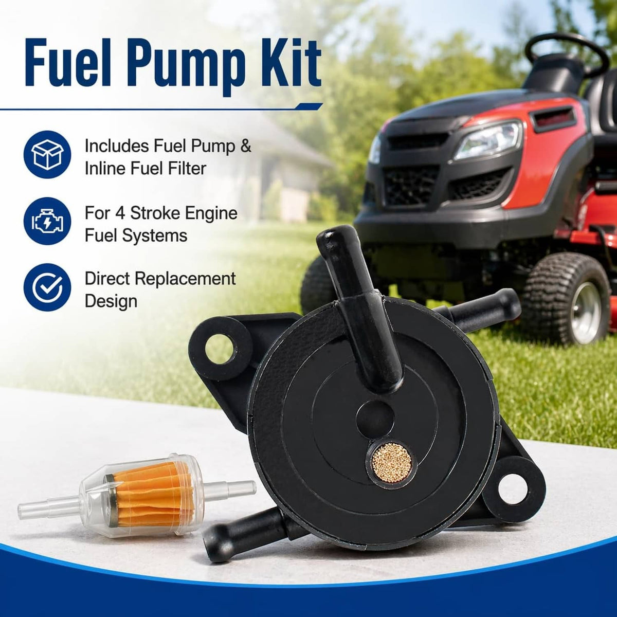 Fuel pump kit with inline fuel filter, black diaphragm pump, and mounting ports