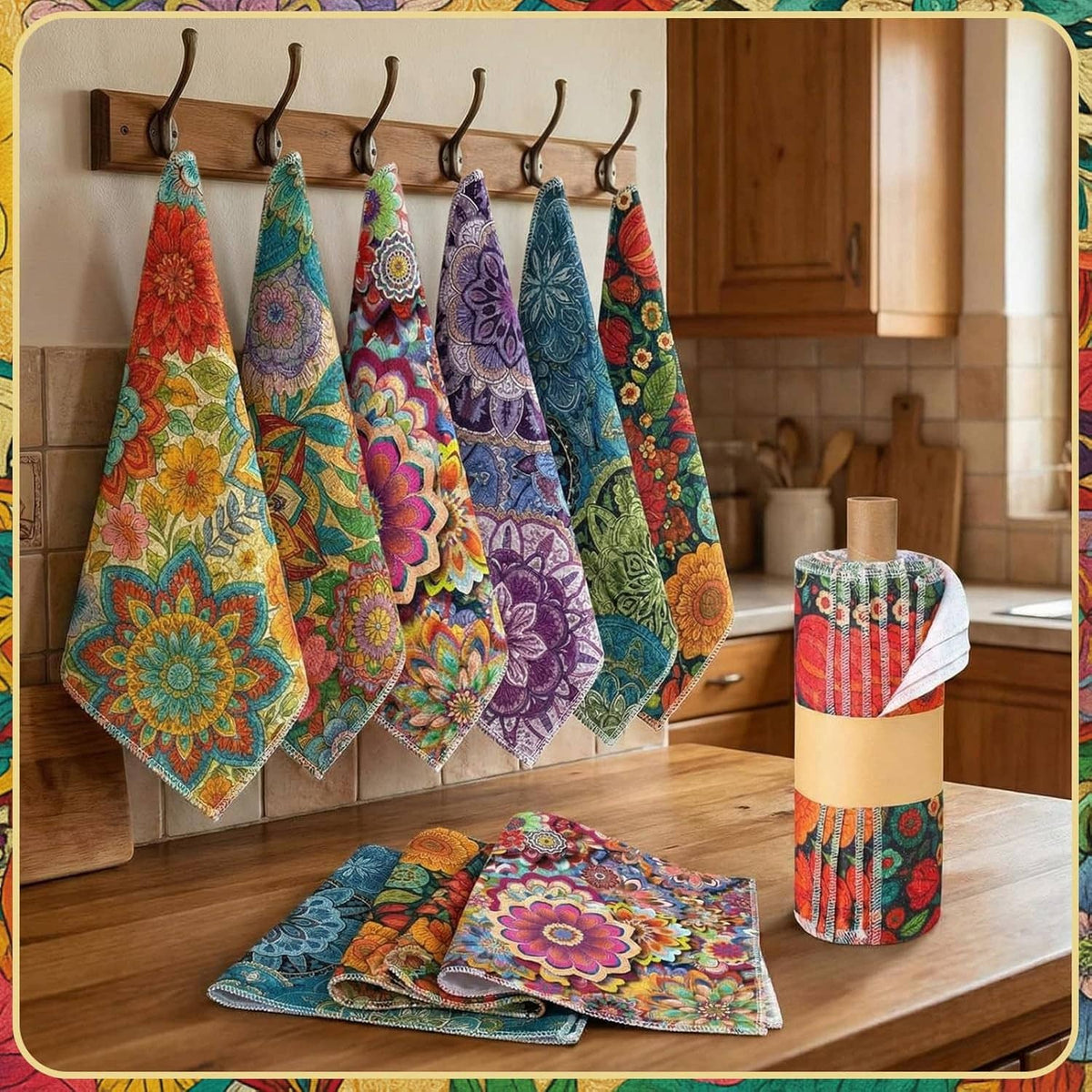 Reusable cloth towel set with colorful floral patterns, hanging on kitchen hooks and folded