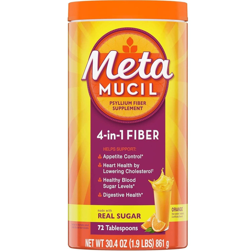 Metamucil orange psyllium fiber powder tub with 4-in-1 supplement label
