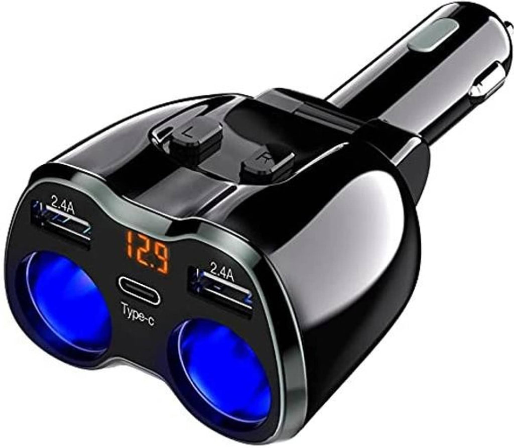 Black dual USB car charger splitter with Type-C port, blue charging lights