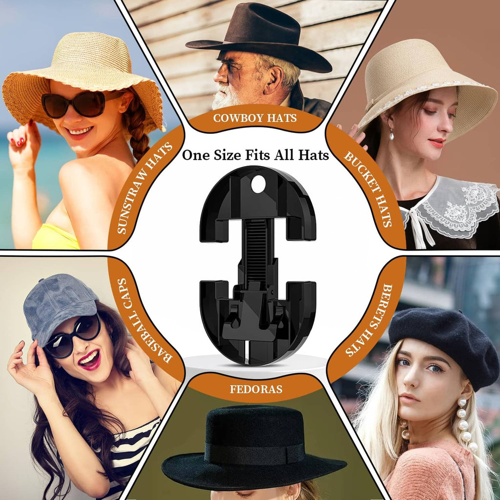 Black adjustable hat stretcher with curved supports, shown centered in a multi-hat guide