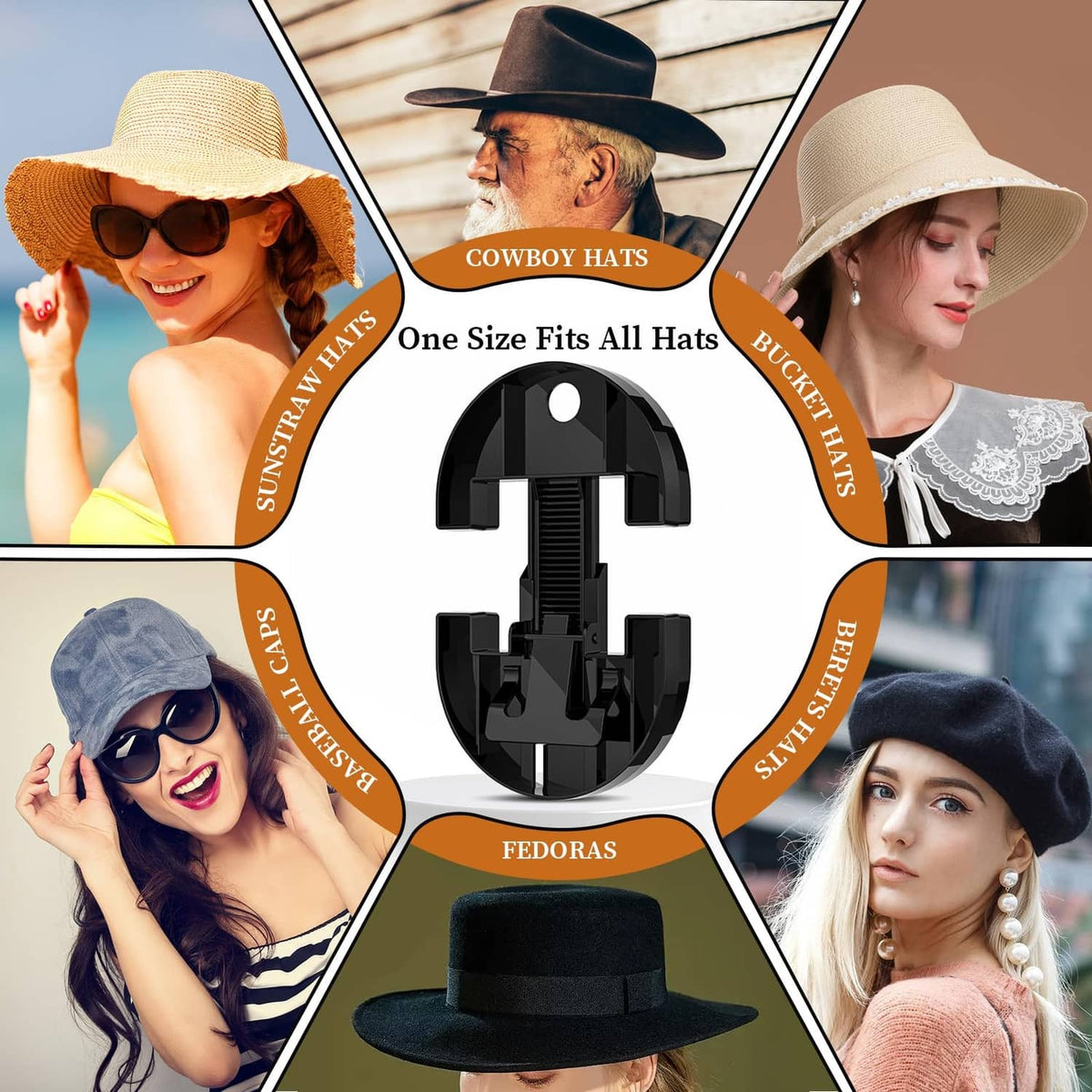 Black adjustable hat stretcher with curved supports, shown centered in a multi-hat guide