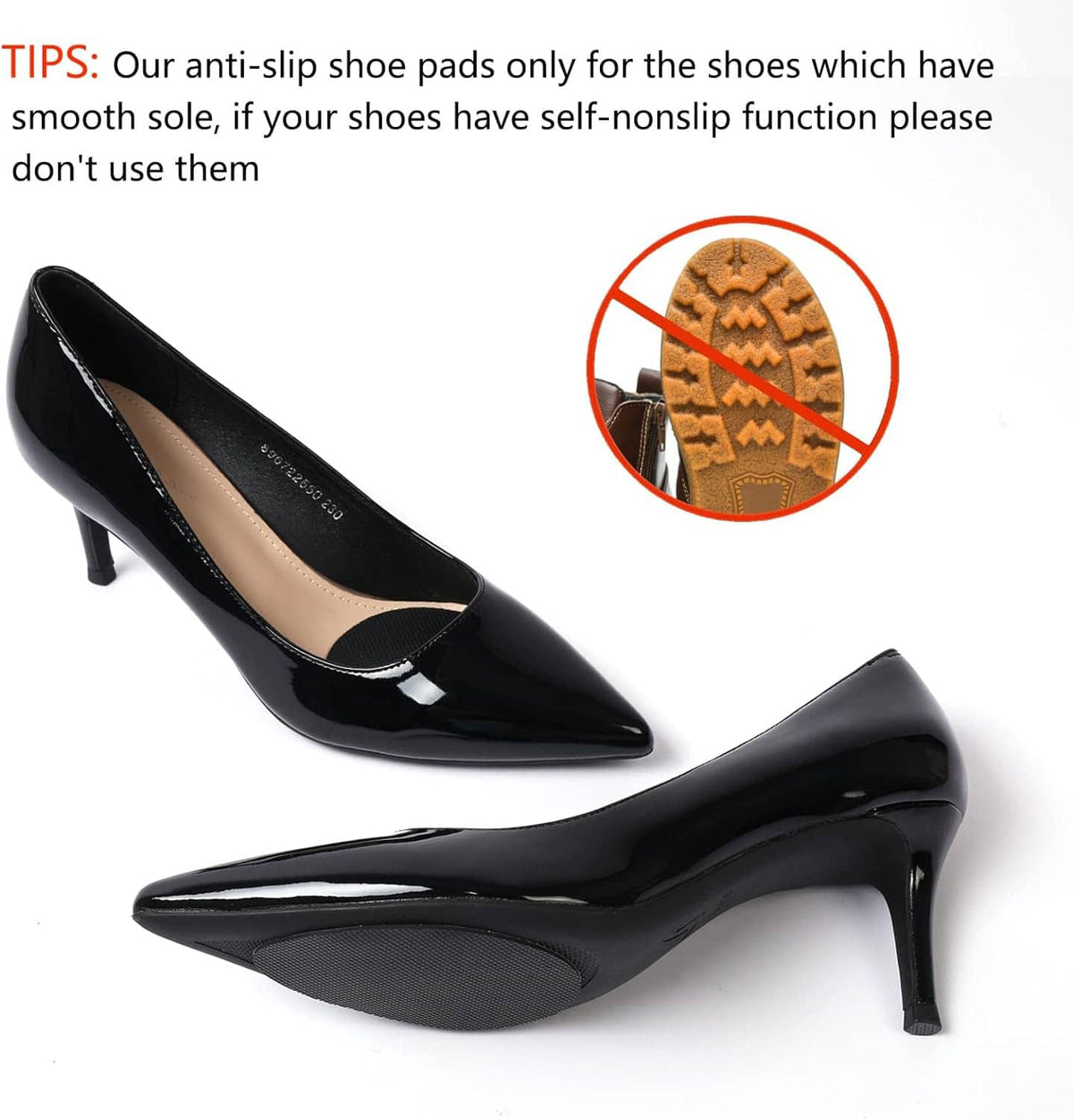 Black high-heel shoes with anti-slip sole protector pads on the bottom