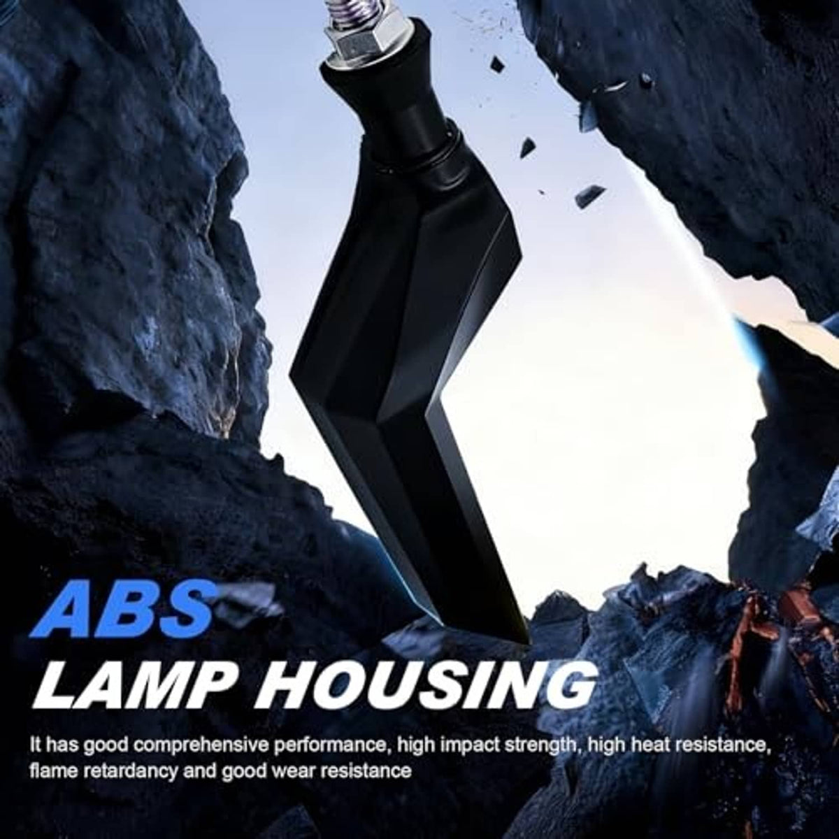 Black ABS-style LED turn signal housing with blue glowing lens, angled profile