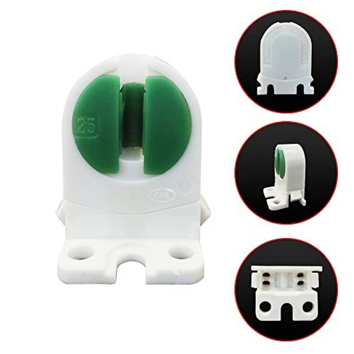 T5 bi-pin lamp holder rear view with white connector and green contact inserts