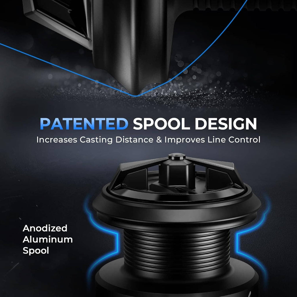 Black spinning reel spool with patented design and glowing blue ring accents