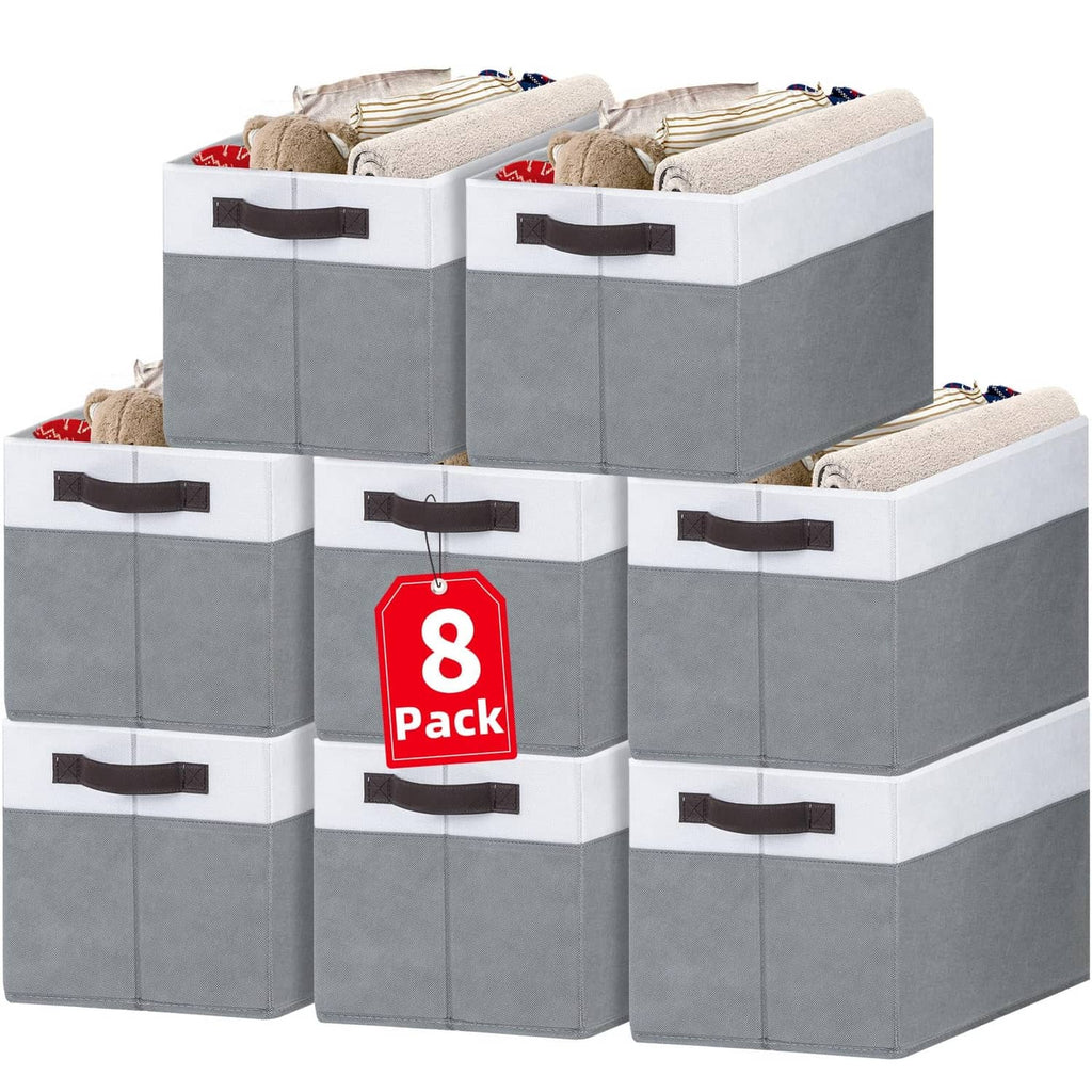 Set of 8 rectangular storage bins, white frame with gray sides and dark handles