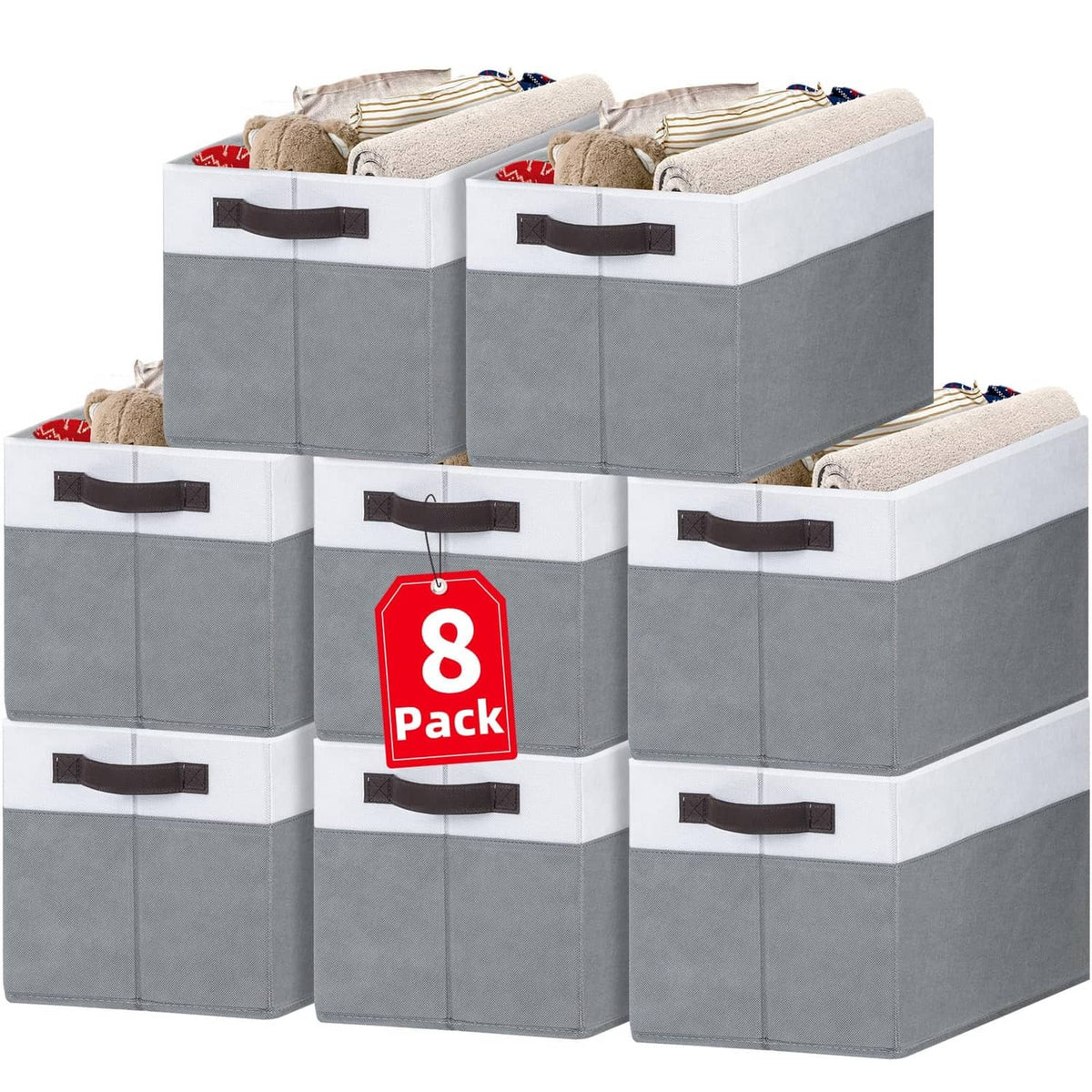 Set of 8 rectangular storage bins, white frame with gray sides and dark handles