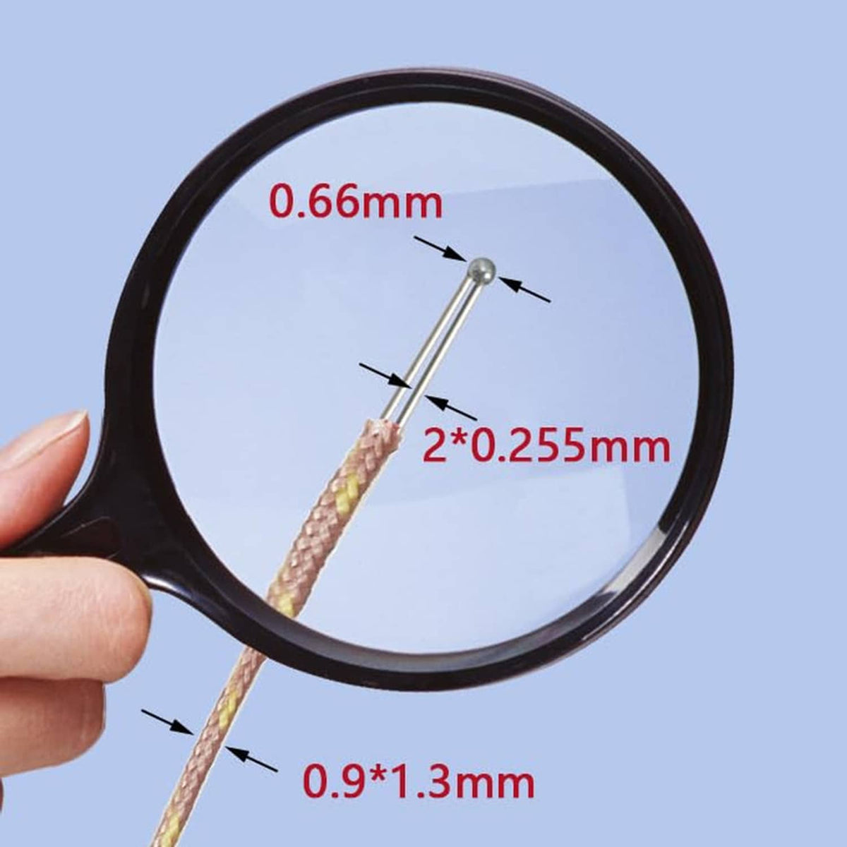 K-type thermocouple probe sensor tip with wire diameter and size markings