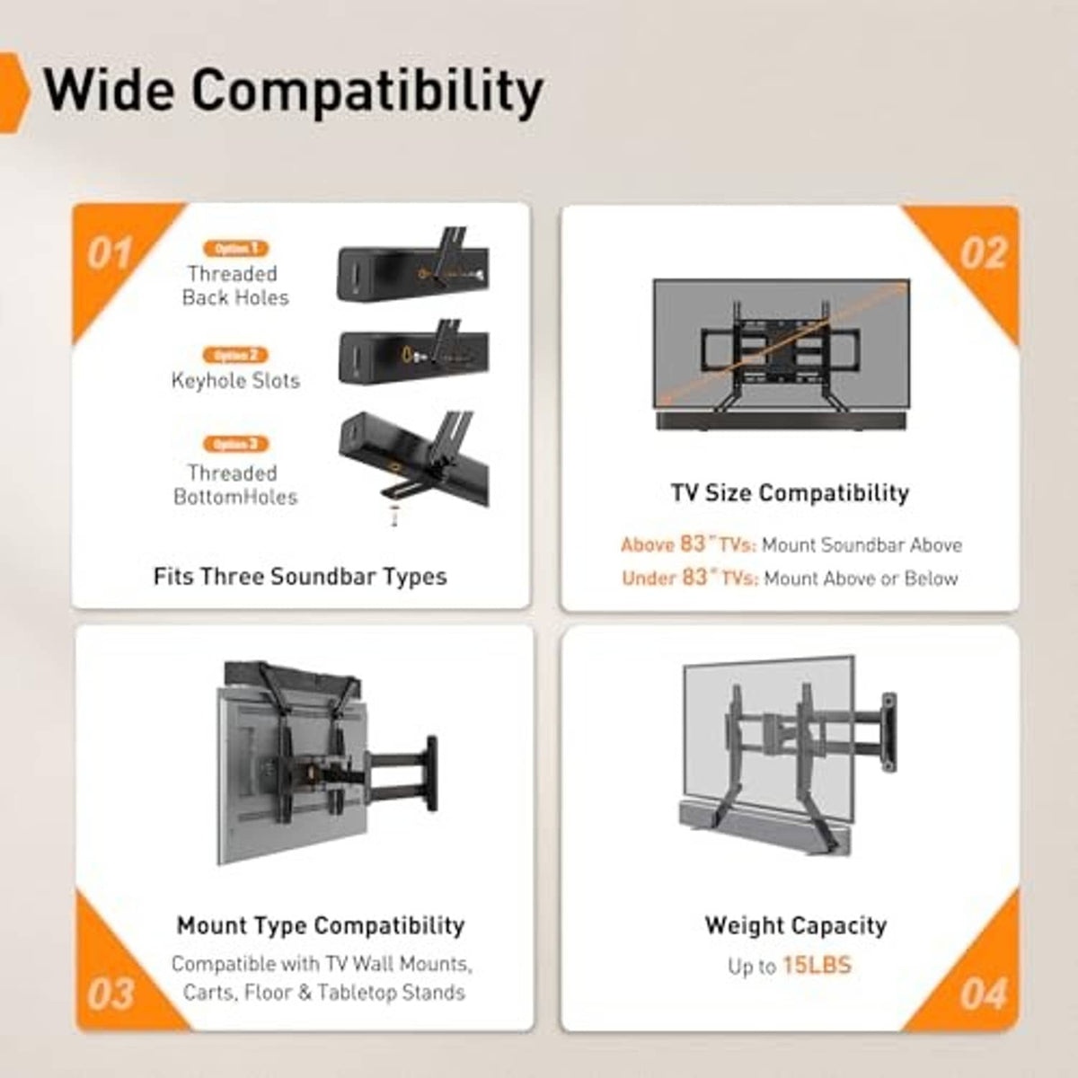 Black soundbar mounting bracket shown with compatibility diagrams