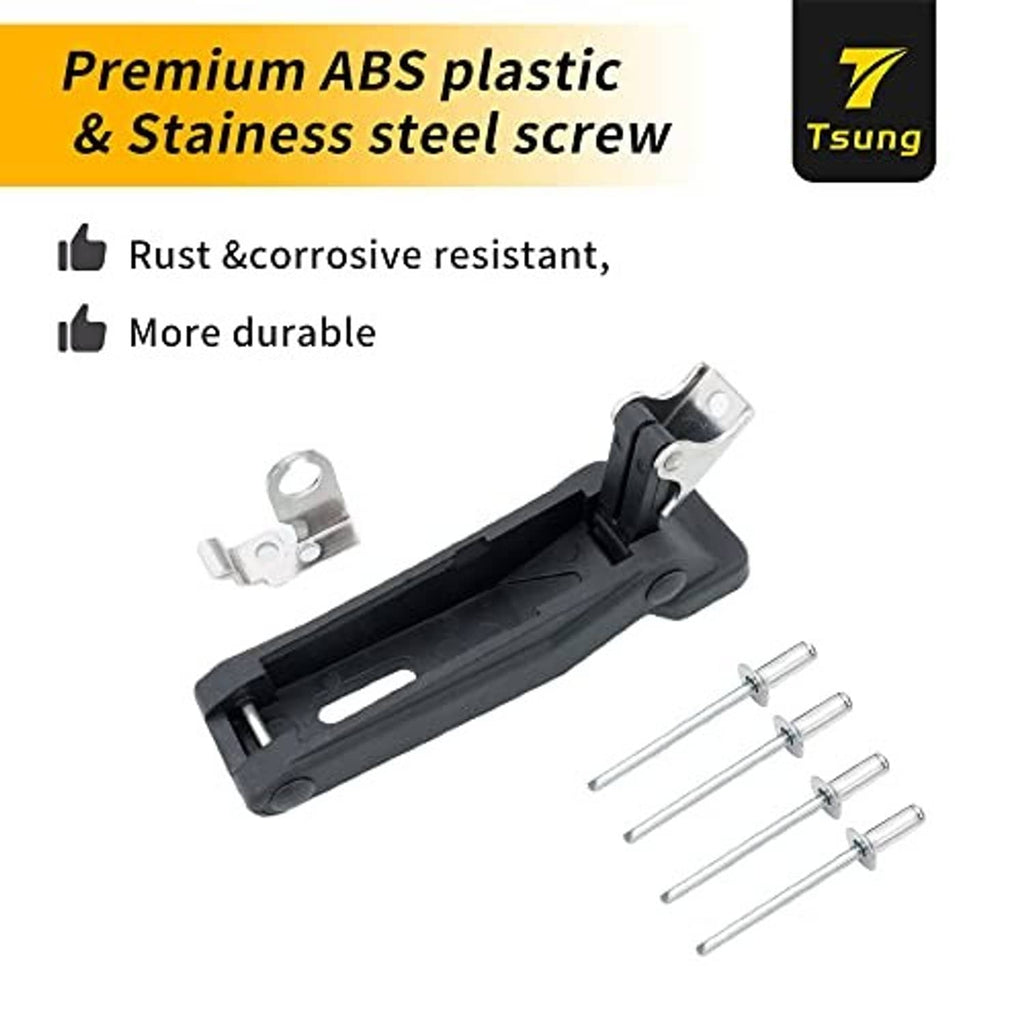 Black latch with metal bracket and stainless-steel screws for mounting