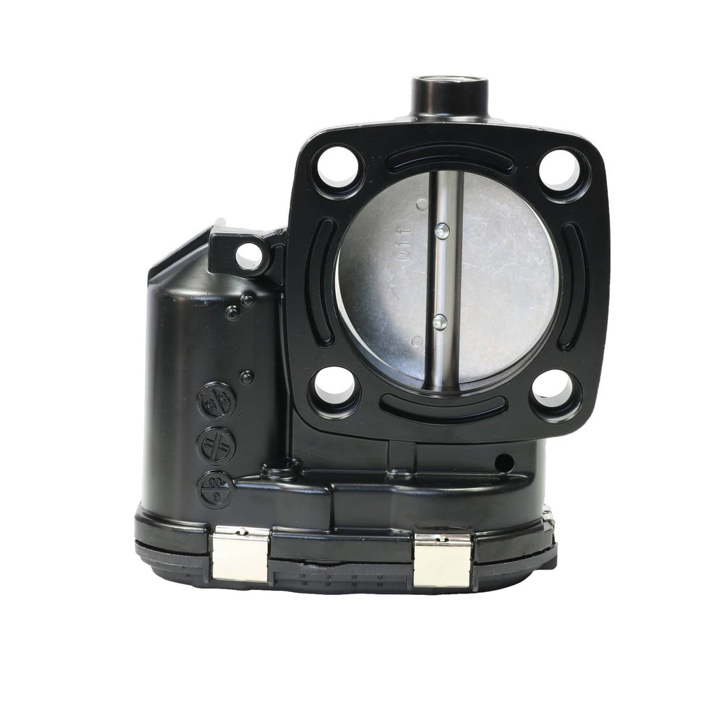 Throttle body with round throttle plate, mounting holes, and black plastic body