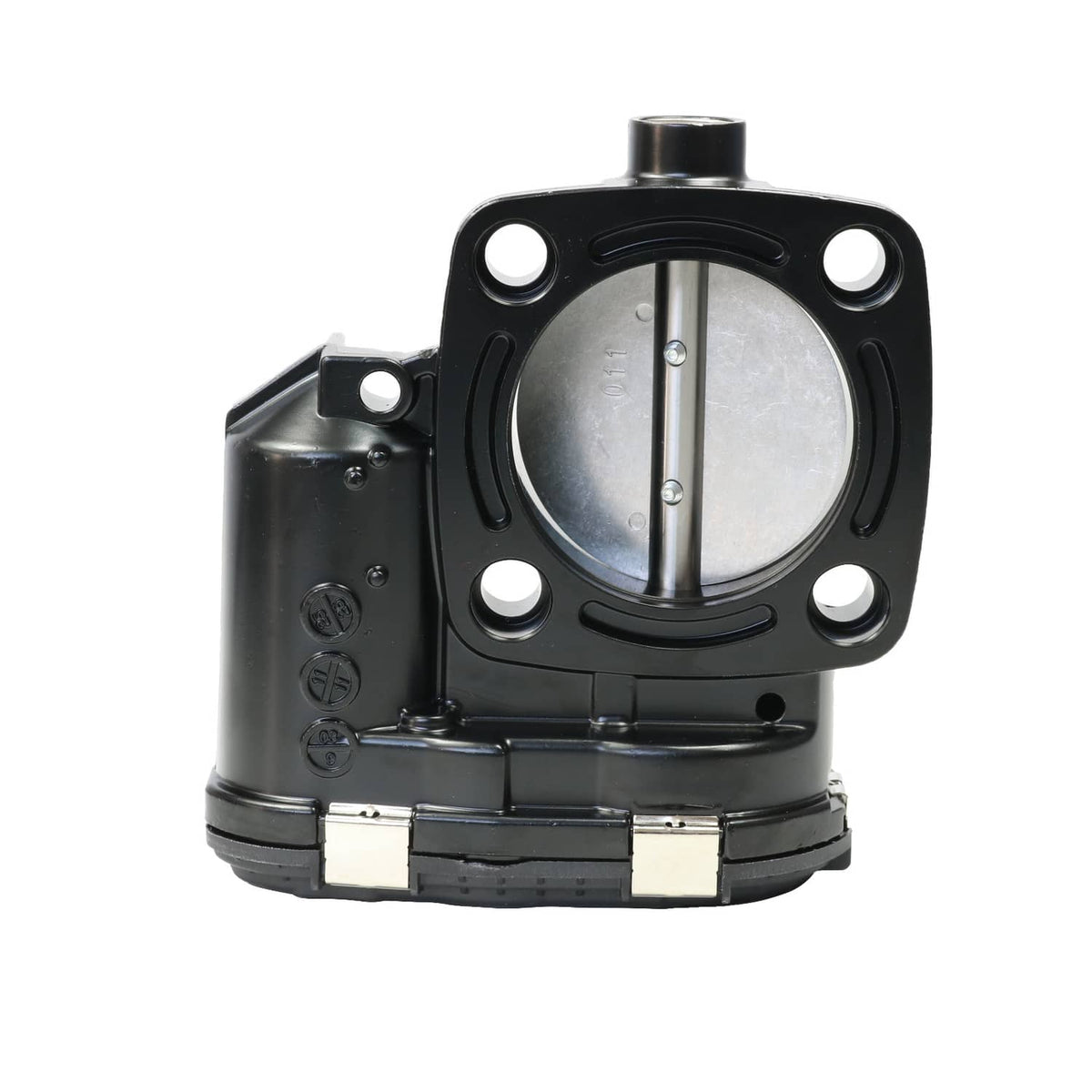 Throttle body with round throttle plate, mounting holes, and black plastic body