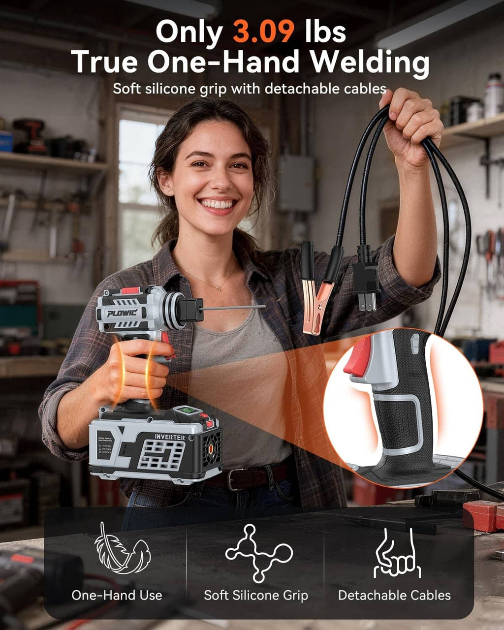 Compact one-hand welding machine with soft grip and detachable cable connections