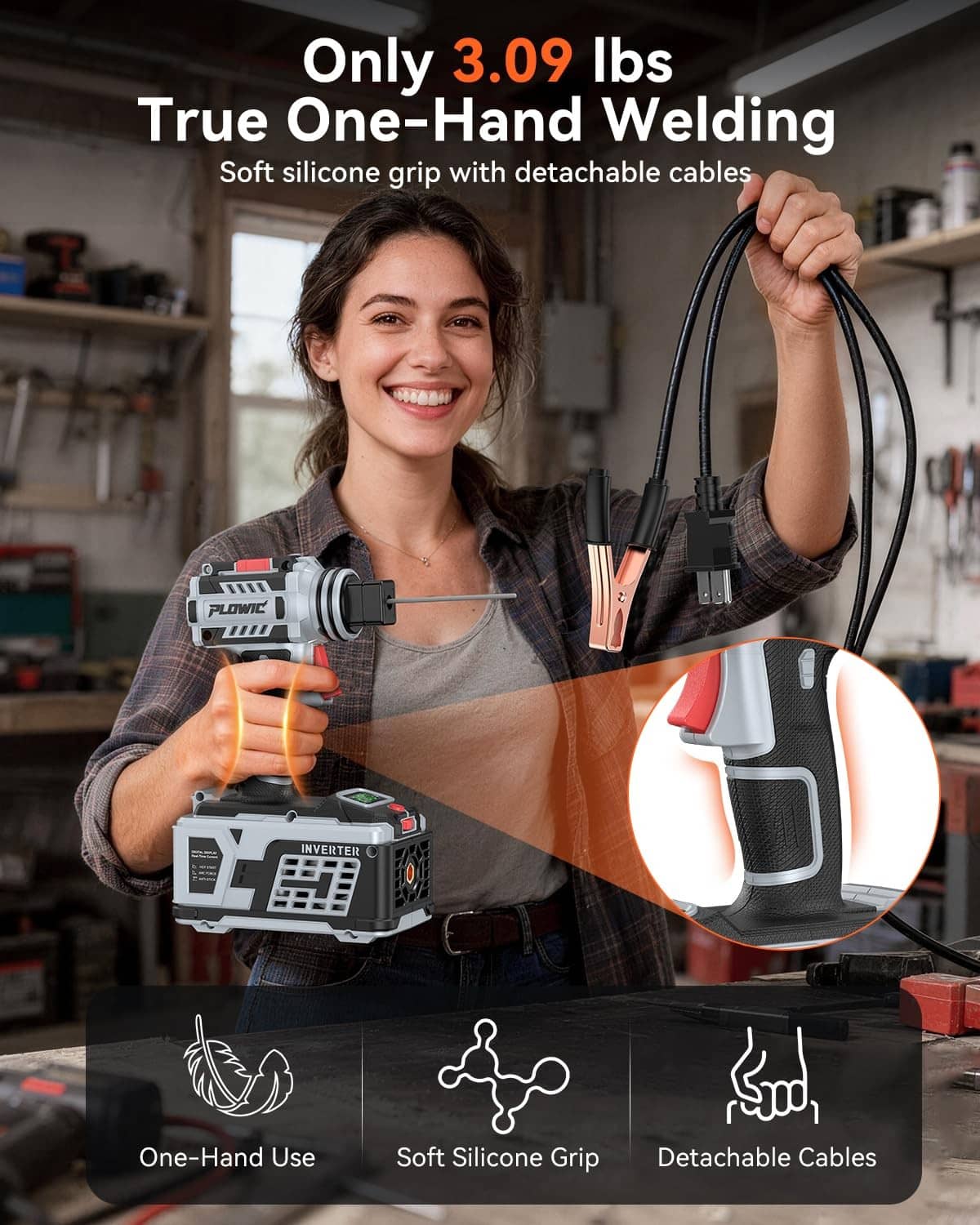 Compact one-hand welding machine with soft grip and detachable cable connections