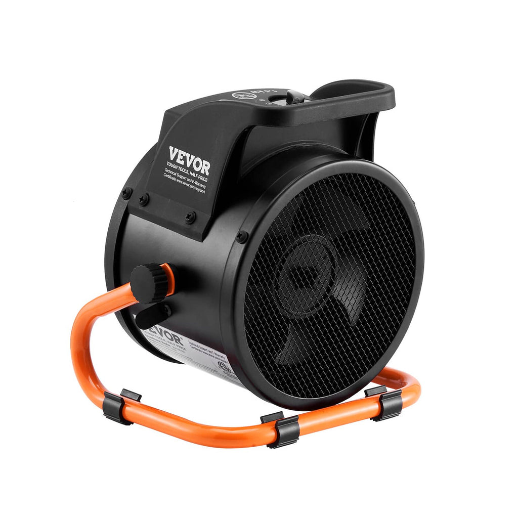 Black electric fan heater with orange carry handles and front mesh grille