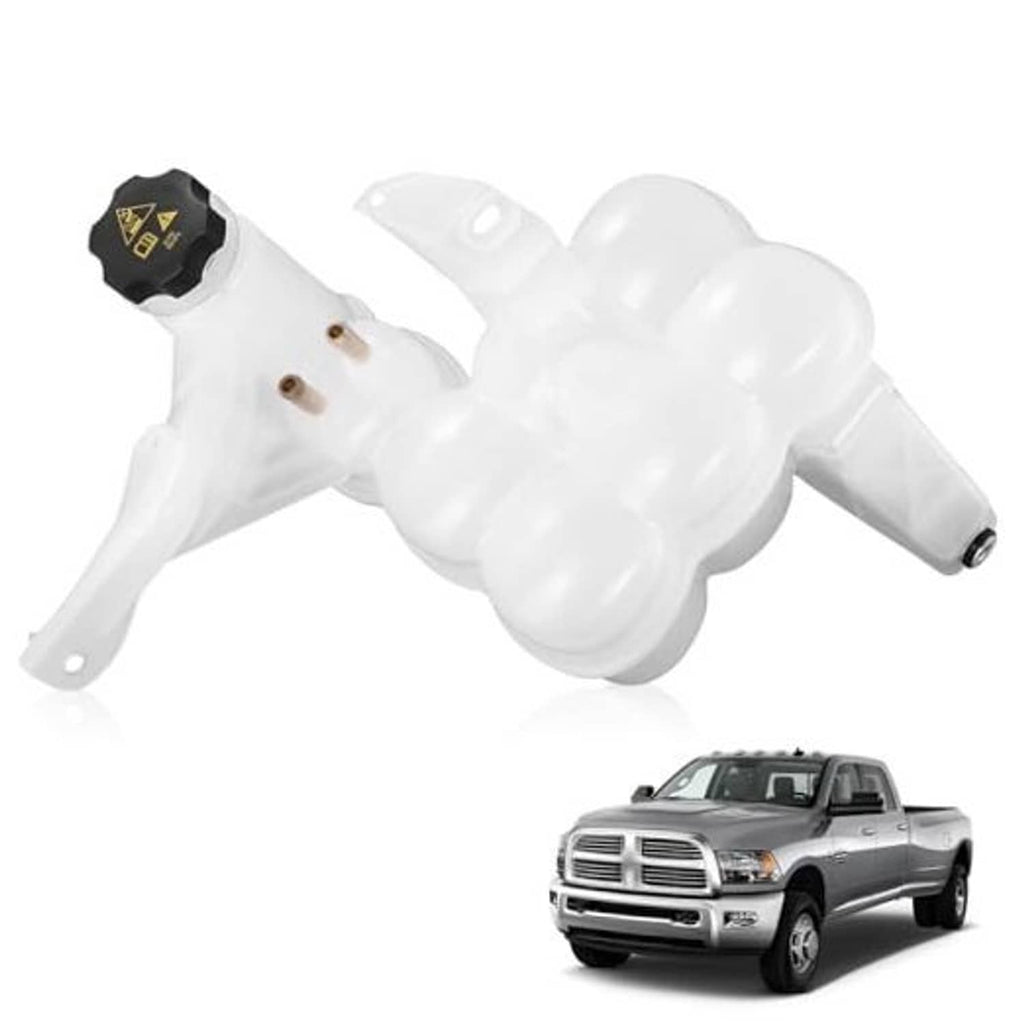Engine coolant reservoir tank with cap and sensor, white plastic component with hose outlet