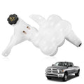 Engine coolant reservoir tank with cap and sensor, white plastic component with hose outlet