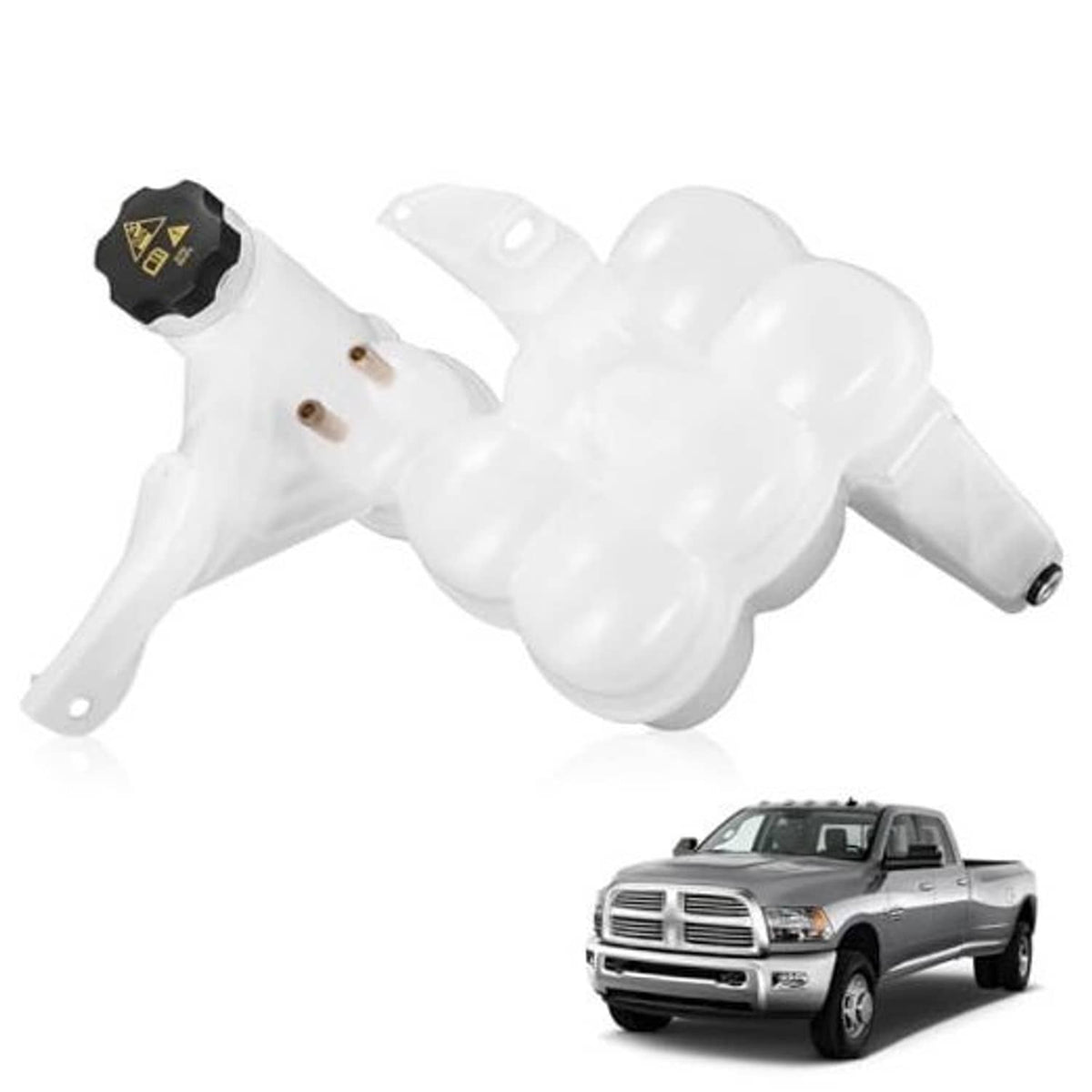 Engine coolant reservoir tank with cap and sensor, white plastic component with hose outlet