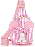 Girls pink-and-white striped sling bag with bow and letter A patch