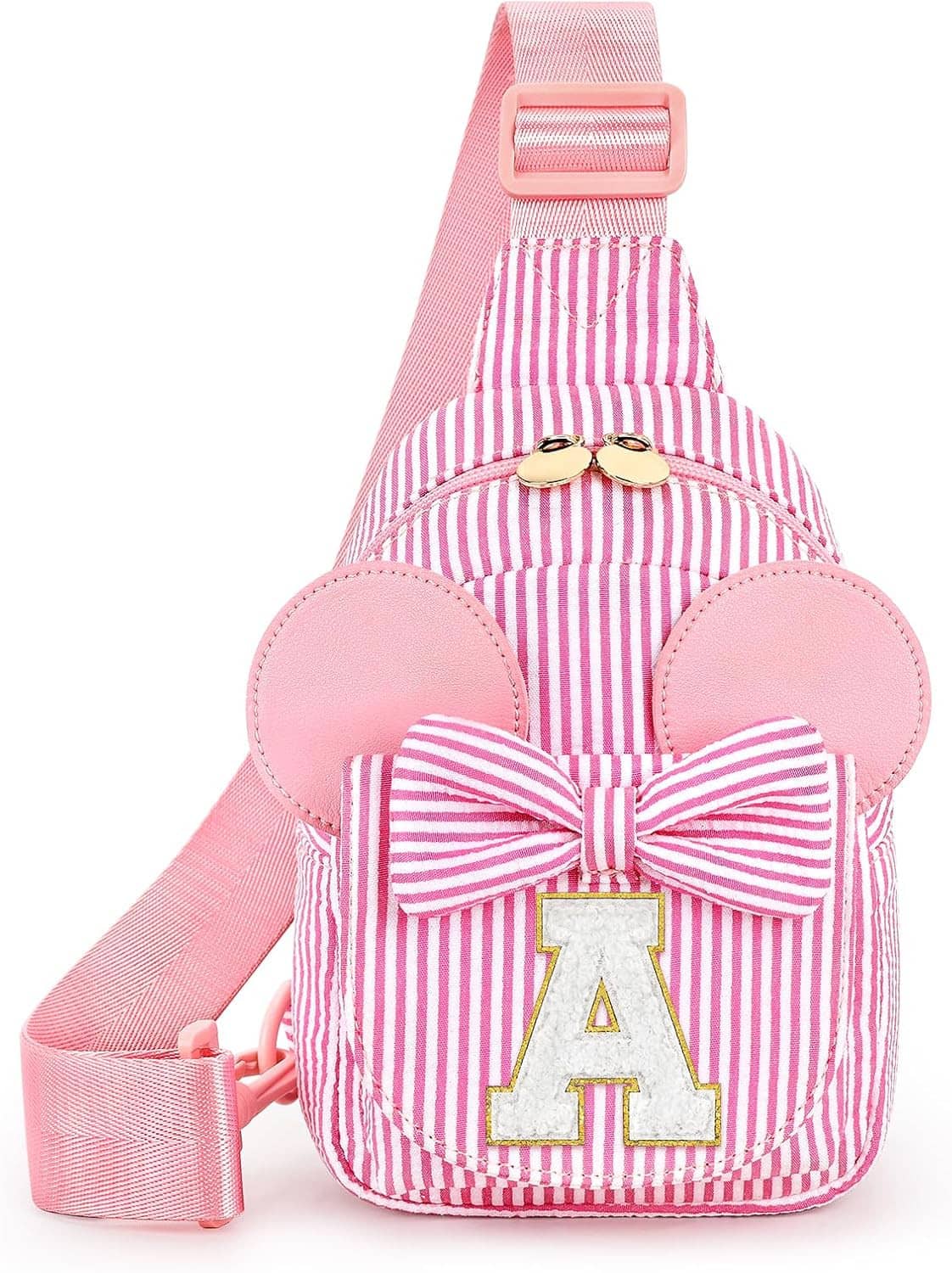 Girls pink-and-white striped sling bag with bow and letter A patch