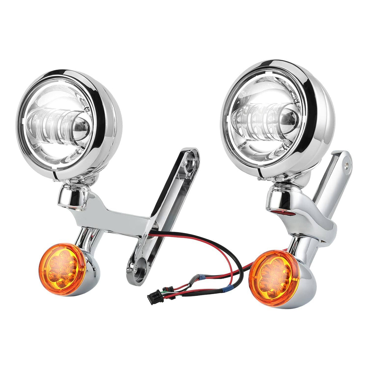 Chrome LED auxiliary spotlights with amber marker bulbs and wiring on mounting brackets