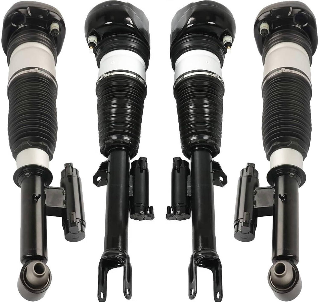 Pair of air suspension struts with black rubber springs, silver centers, mounting brackets