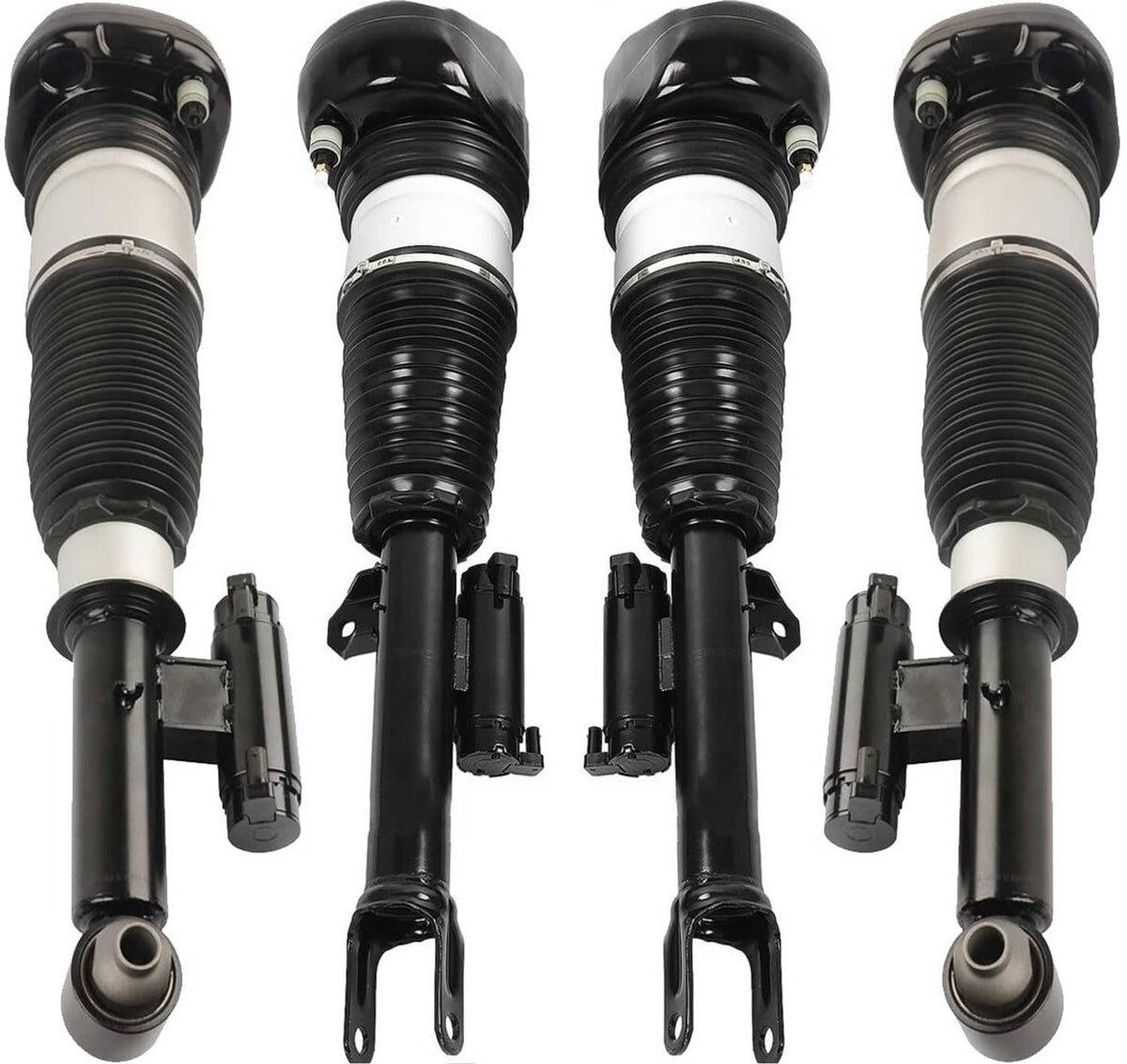 Pair of air suspension struts with black rubber springs, silver centers, mounting brackets