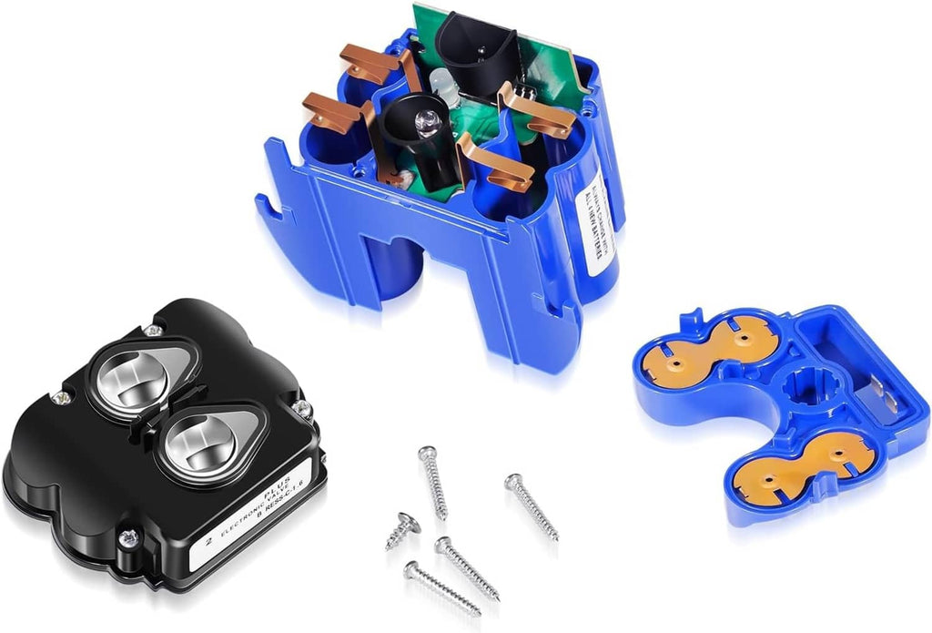 Toilet flush control module set with blue battery housing parts, black sensor unit, screws