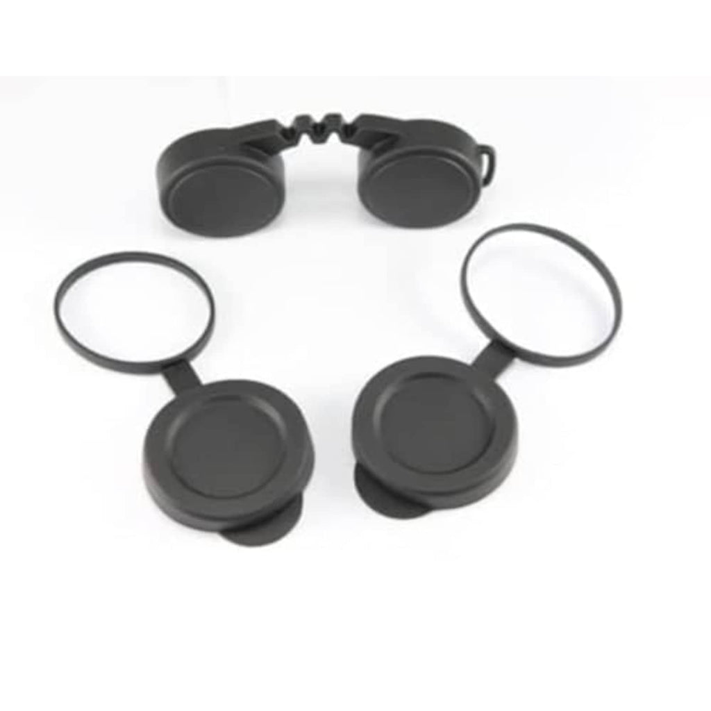 Black rubber binocular rear lens caps with rainguard, two-piece design and securing straps